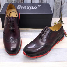 休闲皮鞋男款真皮英伦雕花布洛克男鞋头层牛皮时尚红底尖头牛津鞋