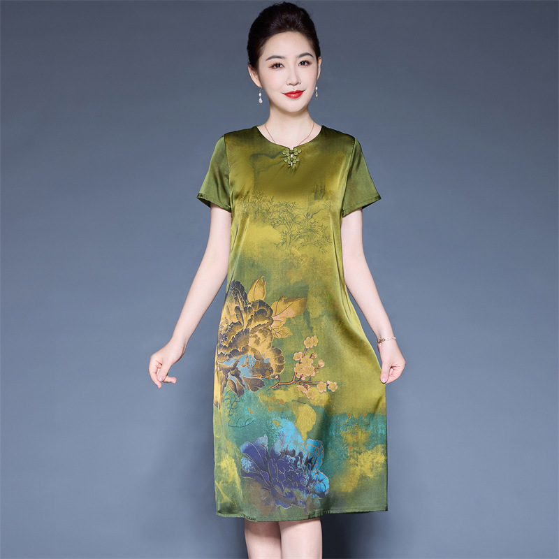 Factory Direct Sales Hangzhou Mom Dress Women's Summer Elegant and Classy Middle-Aged and Elderly Women's High-End Silk Dress
