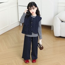 亲子装女童秋装2025三件套套装中大童三件套马甲新款圆点韩系