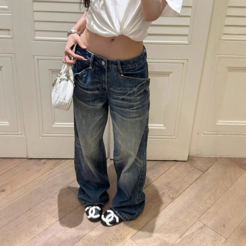Sunoneoe Versatile Straight-Leg Low-Waist Jeans for Women, Summer Faded Loose Retro Blue Casual Pants