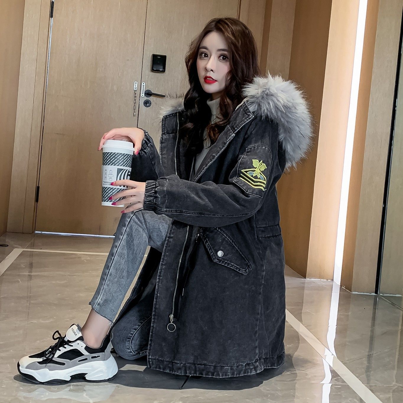 新款胖mm显瘦加厚大毛领牛仔外套女中长款连帽棉衣棉服潮