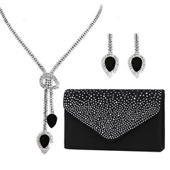 Elegant Bridal Accessories Set: Fringe Earrings, Drop Necklace, and Silk Damask Diamond-embellished Evening Clutch - Three-piece Set for Ladies