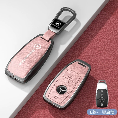 and Women's Key Case Leather | Car key bag - standard-e-model-one-click-start-pink-zinc-alloy-shell-car-logo-square-buckle