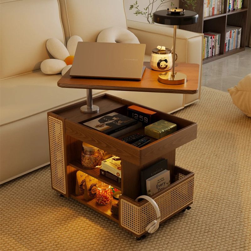 Solid Wood Mobile Wheeled Bus Small Apartment Lift Coffee Table Living Room Sofa Rotating Trolley Side Cabinet Clearance
