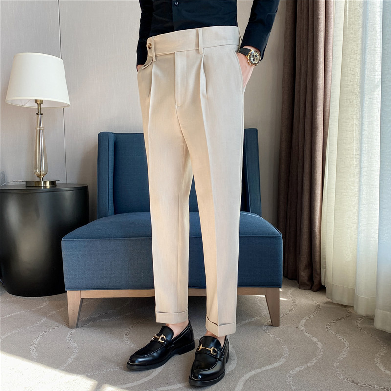 Pantalones de traje de los hombres naples italianos pantalones de cintura alta pantalones de los hombres de otoño e invierno teñido de hilo oscuro a rayas de calidad pantalones casuales