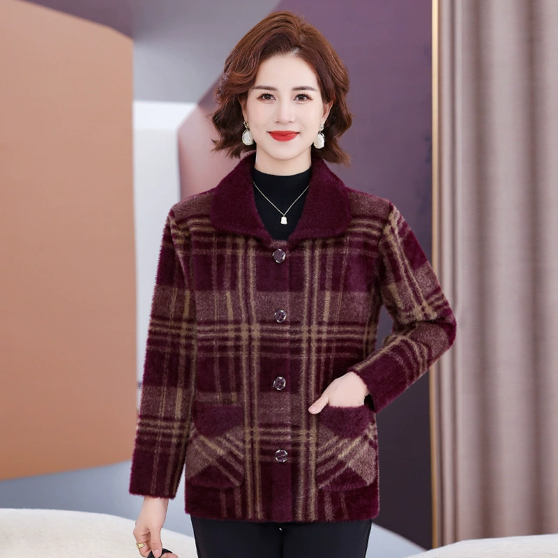 Мама одевается зимняя имитация норковой бархатной клетчатой куртки среднего и пожилого женского трикотажный модный топ бабушки одежда