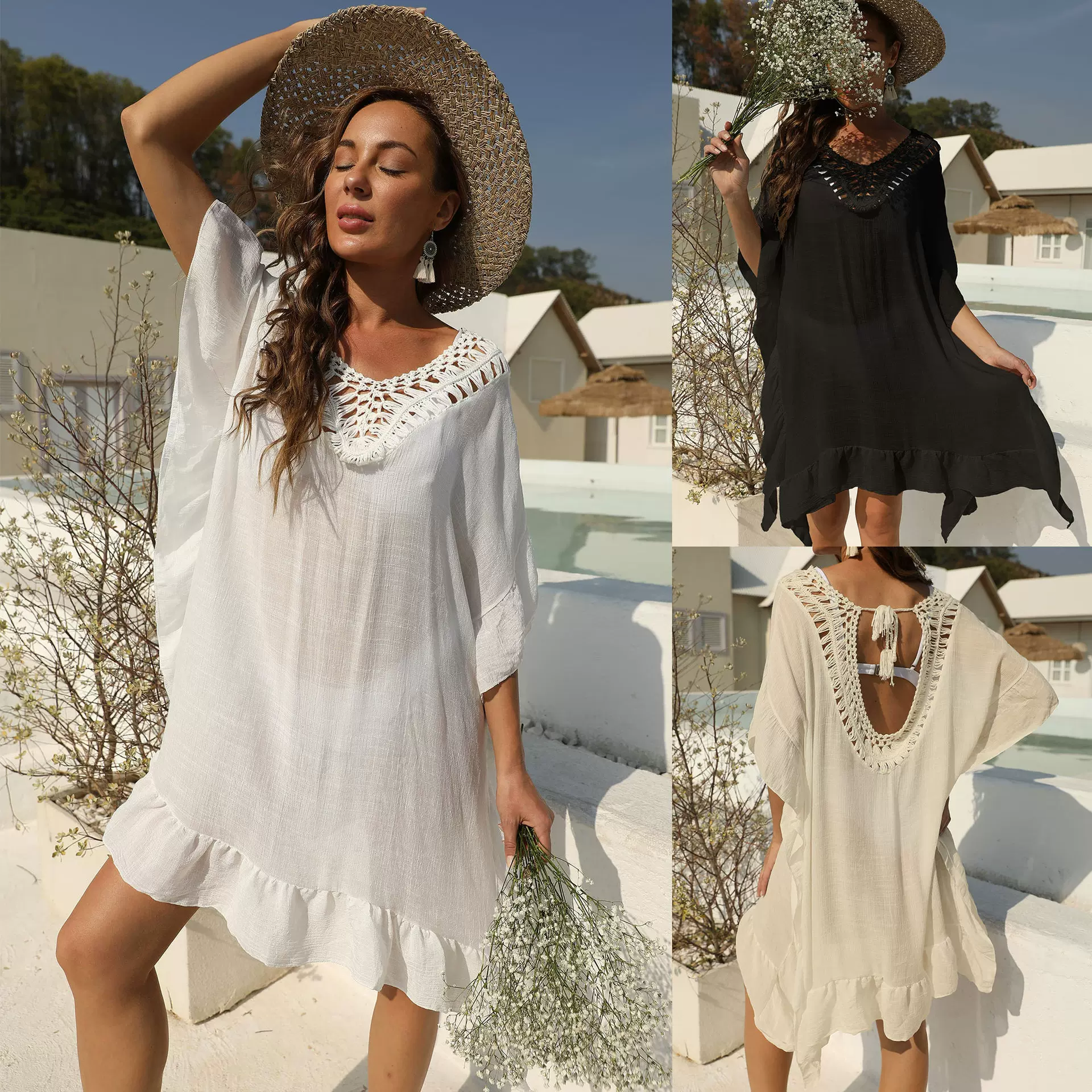 跨境货源欧美女装手钩拼接罩衫性感露背绑带荷叶边沙滩连衣裙904