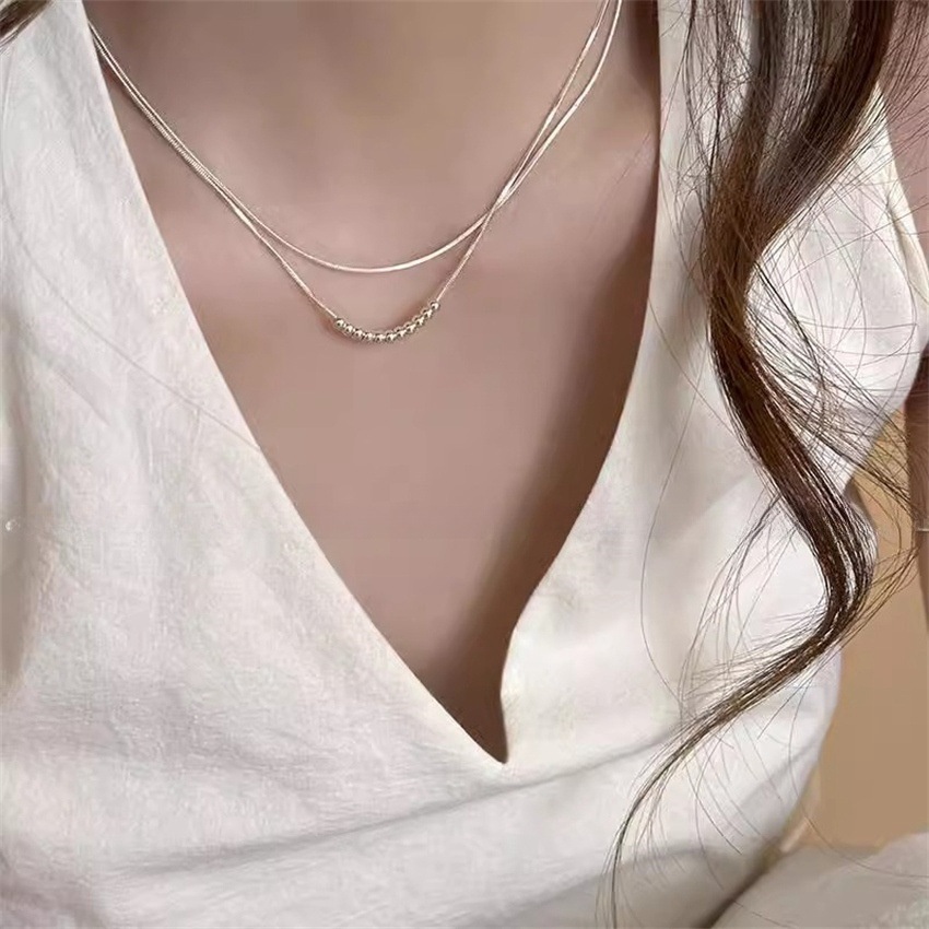 極簡風雙層蛇骨鏈圓珠項鍊女925銀小眾高級感鎖骨鏈時尚百搭頸鏈