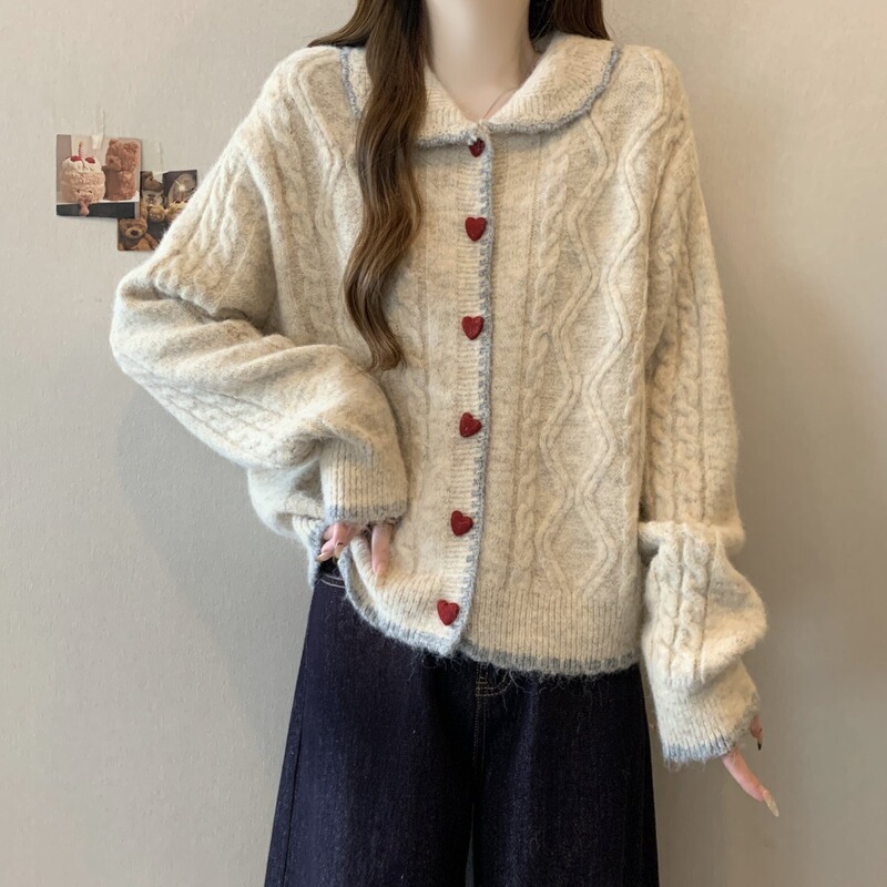 Korean-Style Cable Knit Sweater with Doll Collar, Long-Sleeve Knitted Cardigan, Thick and Loose-Fitting Alpaca Wool Knit Coat for Autumn and Winter