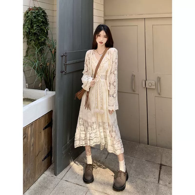 Национальный стиль кардиган из жилета кружевной сетки юбка подтяжка платье ребенка из двух частей