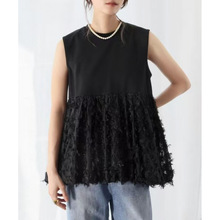 外贸女装2025夏季新款短袖拼接流苏提花女时尚娃娃衫无袖T恤上衣