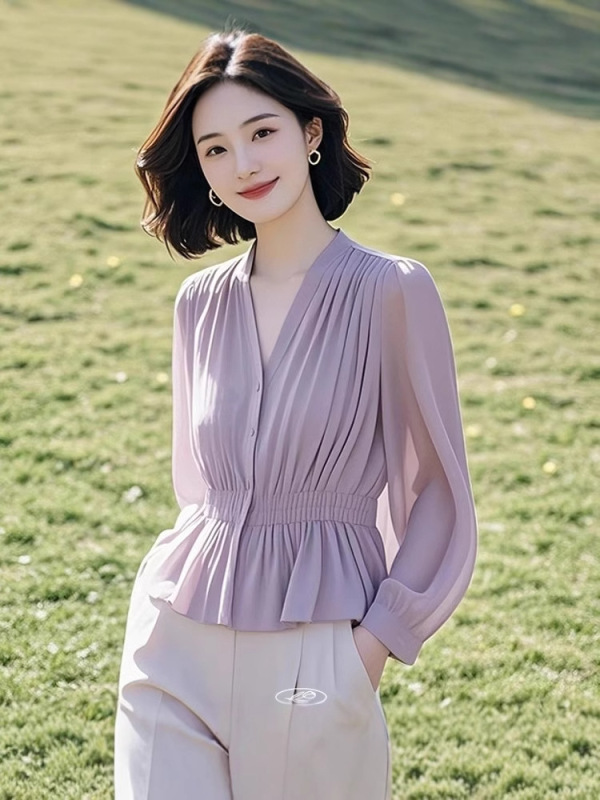 春と秋のフランスの長袖のシャツの小衆は通勤して小さいシャツの高級感のファッションの気質を着て腰の中で上着を掛けます。|undefined