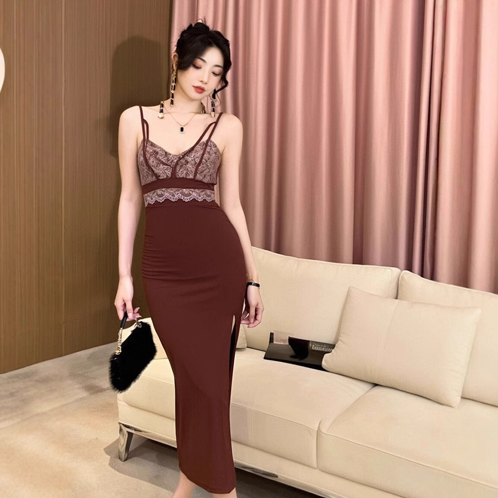 Đầm ôm body nữ dài xẻ tà dây đeo chất liệu thuần khiết — màu sô cô la chi tiết 4