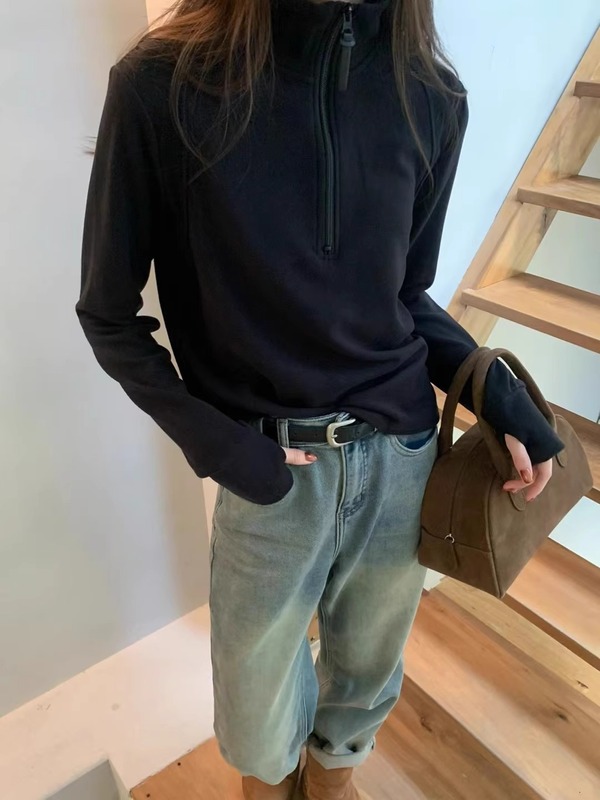 立领加绒卫衣女双面德绒打底衫2025新款秋冬设计感半拉链长袖上衣|undefined