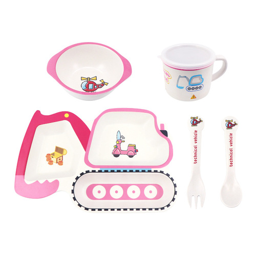 New children's tableware set household cute cartoon bamboo fiber baby compartmentalized plate small child meal bowl spoon and fork