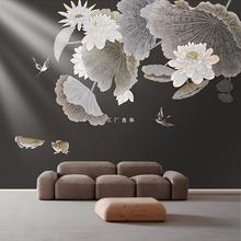 新中式手绘花鸟壁画客厅定 制电视背景墙壁纸卧室沙发无缝墙布壁