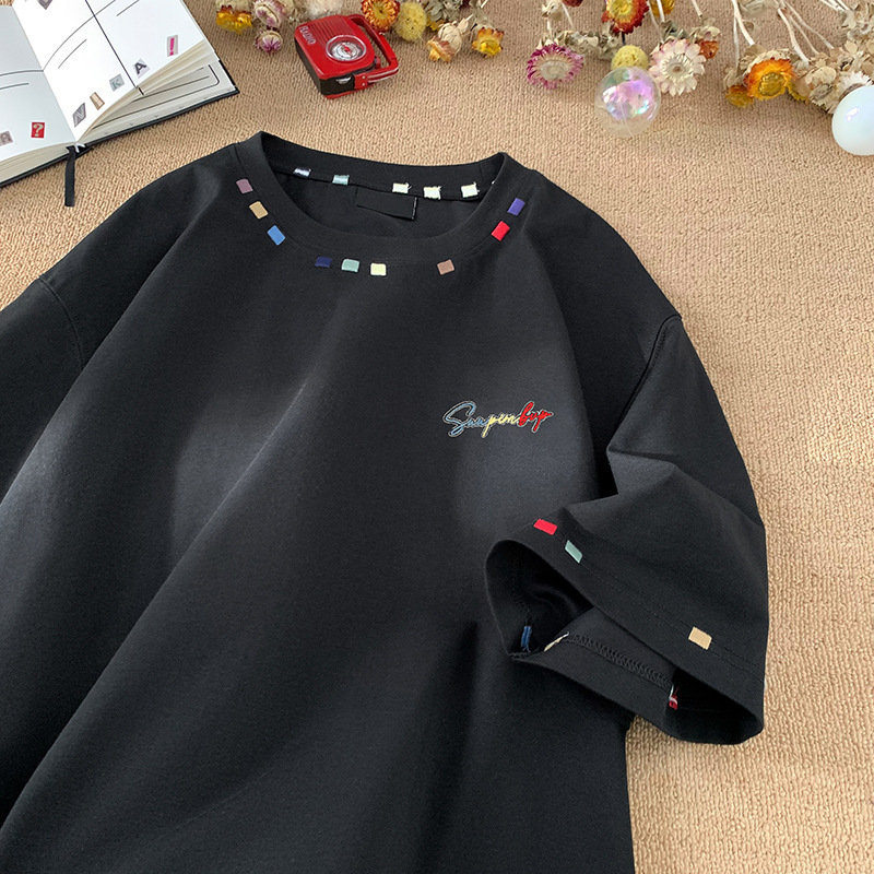 アメリカンハイストリート刺繍半袖メンズ夏ドーパミンカジュアルショルダーTシャツヘビーウェイトスモールネックラインカップル半袖|undefined