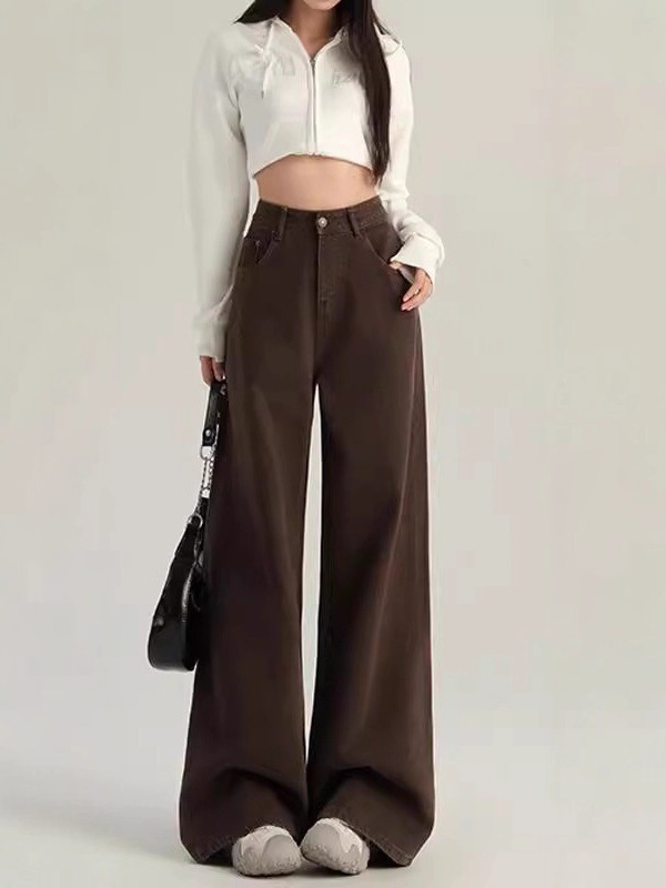 美拉德美式辣妹咖啡色阔腿牛仔裤女春秋小众棕色咖色垂感拖地裤|undefined
