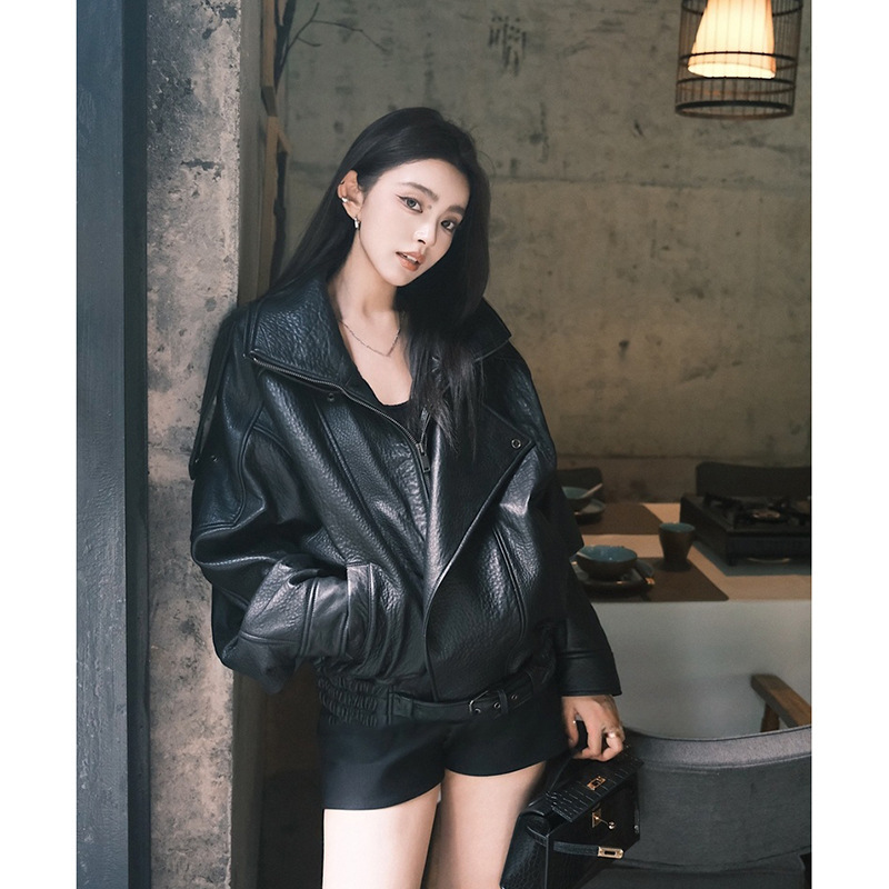 Y*Lan Genuine Leather Jacket Celebrity Hot-Selling Model/Sheepskin Genuine Leather Bomber Jacket Hot-Selling New Style Same as the Celebrity's
