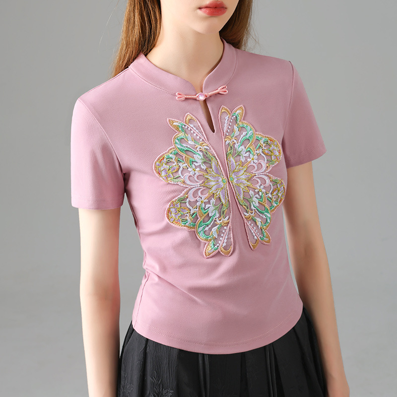 Nueva chaqueta china de estilo nacional de mujer verano 2024 nueva ropa de mujer retro bordado de hombro camiseta de manga corta