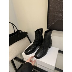 全牛革 ~ 韓系百合角頭水洗い馬皮痩せショートブーツ太さと厚い底の小さい足首ブーツ女性秋冬新作