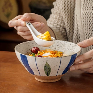 复古日式粗陶面碗手绘陶瓷碗餐厅饭店陶土碗家用拉面碗釉下彩面碗
