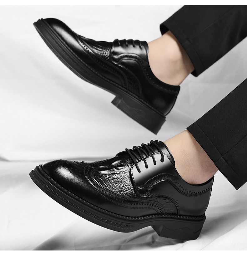 Giày da nam công sở da bò vân cá sấu mũi nhọn kiểu Brogue tăng chiều cao — Nâu công sở, Đen thời trang chi tiết 14