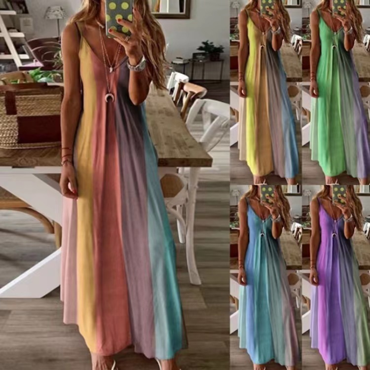 Women's A-line Skirt Ethnic Style V Neck Printing Sleeveless Color Block Maxi Long Dress Daily display picture 1