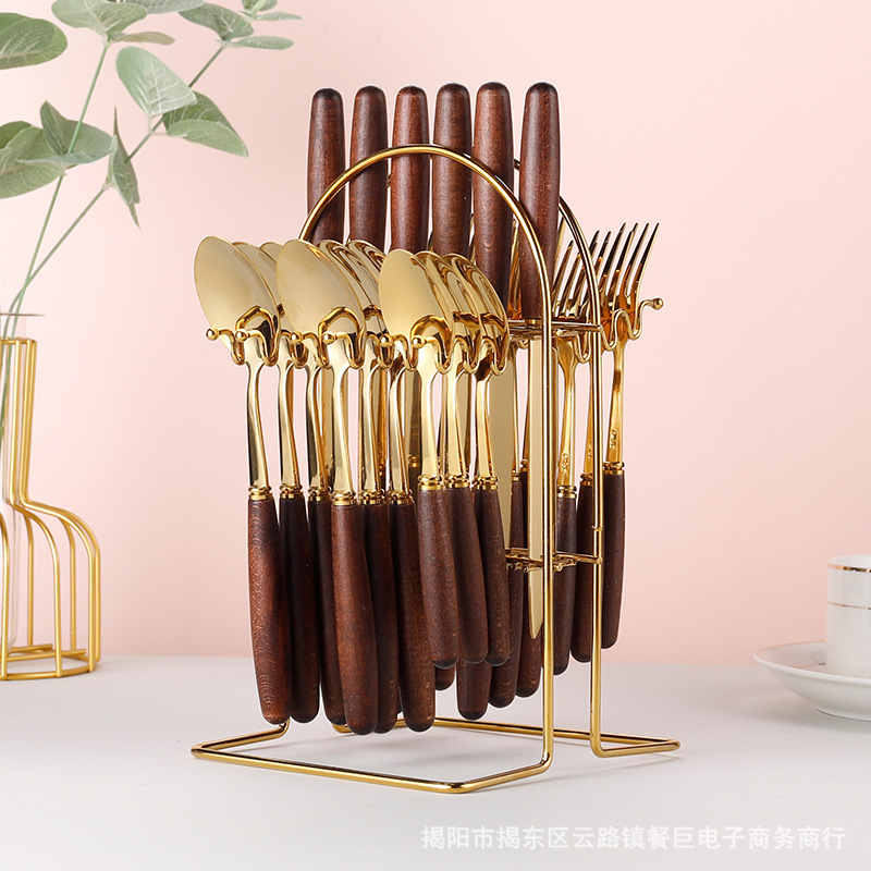 Cruzar la frontera Amazon chapado en oro cuchillo, tenedor y cuchara 24 piezas hogar fiesta banquete vajilla de acero inoxidable regalo traje de madera de bambú