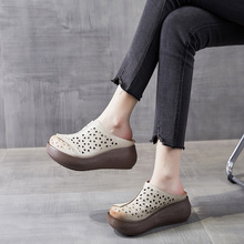 坡跟拖鞋女夏季新款松糕厚底女鞋包头镂空洞洞鞋真皮增高高跟凉拖