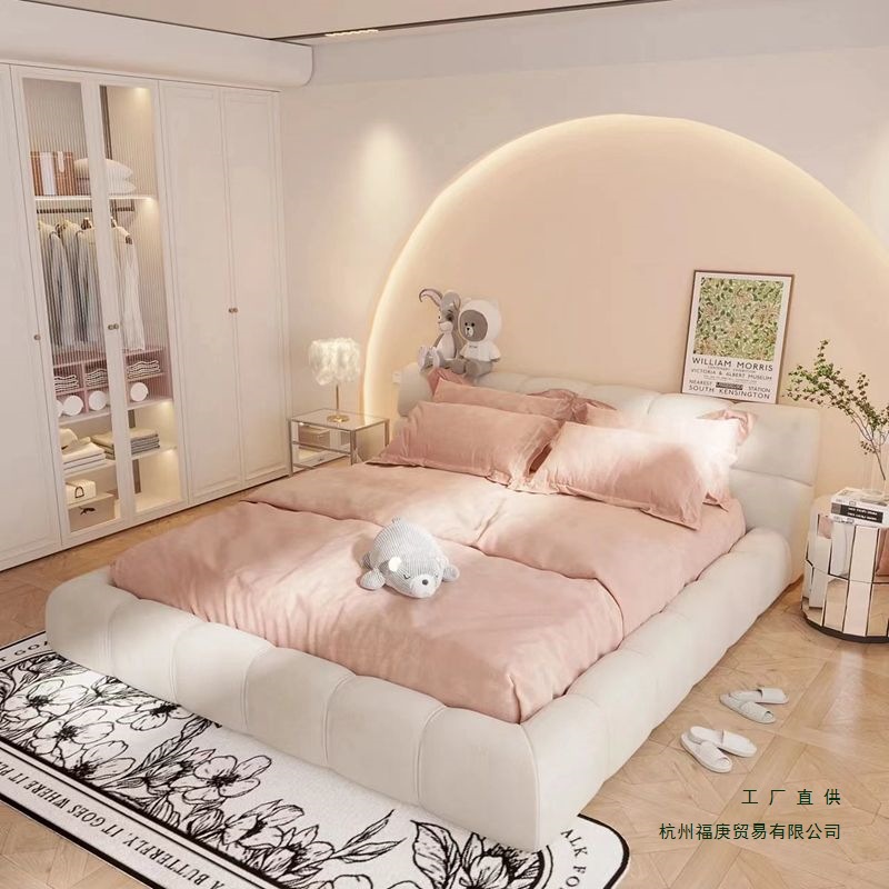 Italian Light Luxury Master Bedroom Large Bed Wedding Bed Cream Style Fabric Bed Double Large Bed Internet Celebrity Puff Bed Storage Velvet Bed