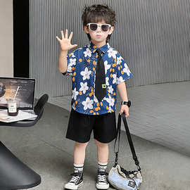 男童夏装夏威夷风痞帅花衬衫套装2026新款洋气小男孩夏装短袖短裤