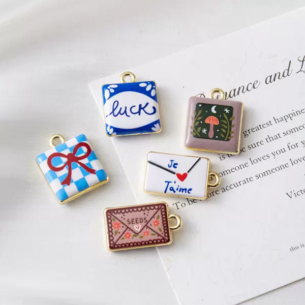 New European and American Style Cross-Border Painted Double-Sided Envelope Bowknot Checkerboard Pattern Jewelry Accessories DIY Necklace Pendant
