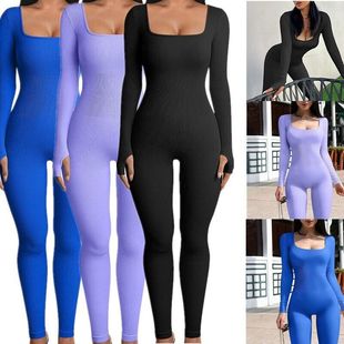 2024 Amazon European and American new autumn and winter square collar hip lifting slim sexy thread yoga sports jumpsuit pants for women