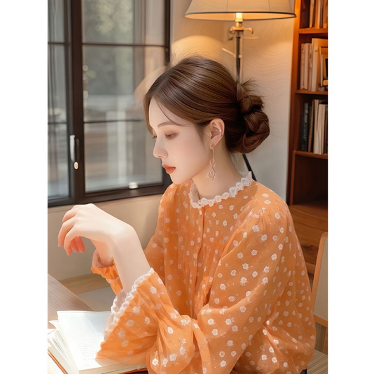 碎花橘色防晒衬衫上衣女款长袖小衫2025春季新款春装衬衣感女