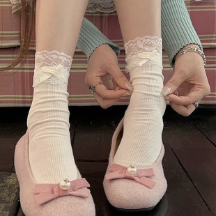 Lace Bow Summer Miu Ballet Style Women's Lace White Mid-Calf Socks Striped Calf Socks Pile Socks