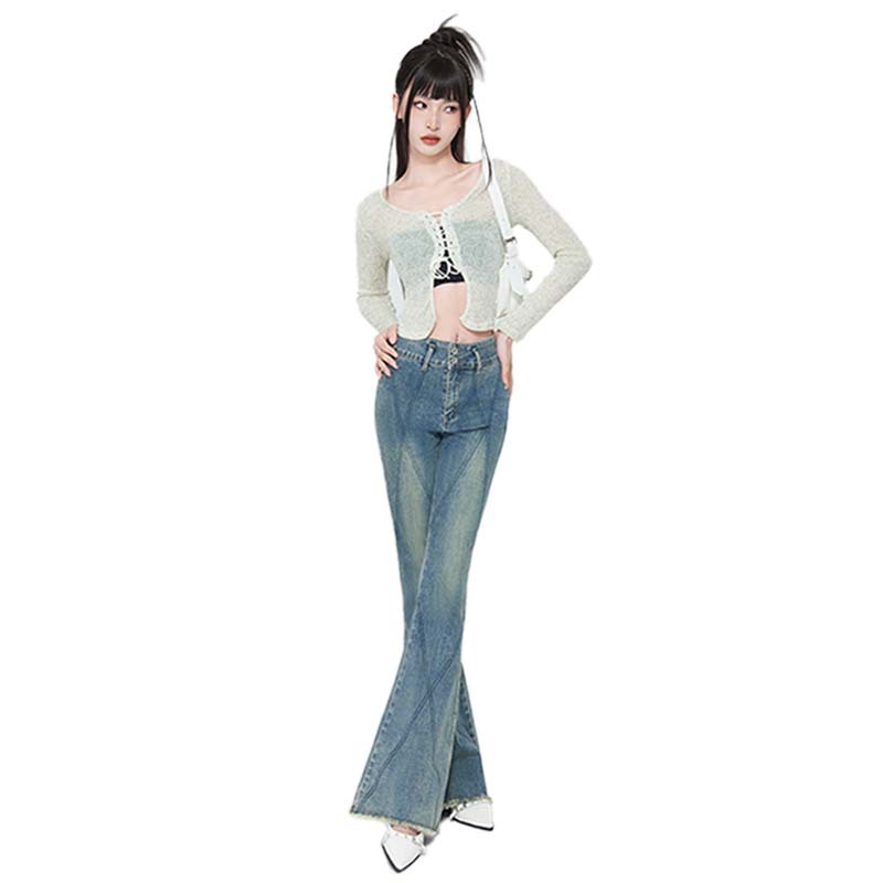HEY JEANS RETRO HIGH WAIST FLA 청바지 봄과 가을 2024 새로운 미국식 하이 스트리트 더블 버튼 바지