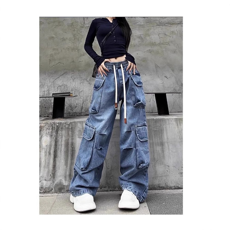 Women's Jeans 2026 Spring New High-Waisted Straight-Leg Drawstring Cargo Pants Soft Large Pocket Jeans Trendy Women's Pants