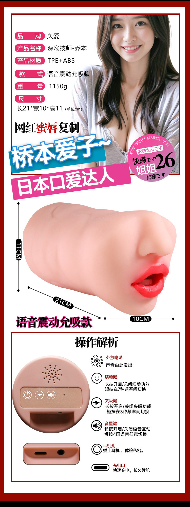 Jiuai Deep Throat Technician Half-Body Male Masturbator, TPE Oral Inverted Mold, Manual — detail image 9