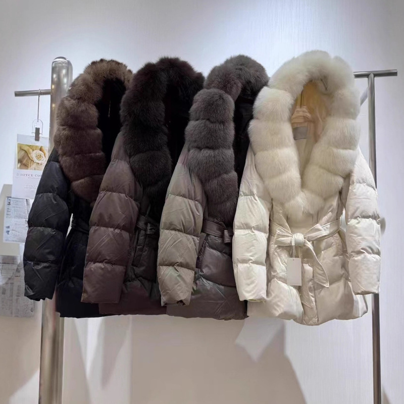 2025 Winter New Style Elegant Belt Fox Fur Long down Jacket Women's Waist Korean Style Versatile Hooded Long Jacket