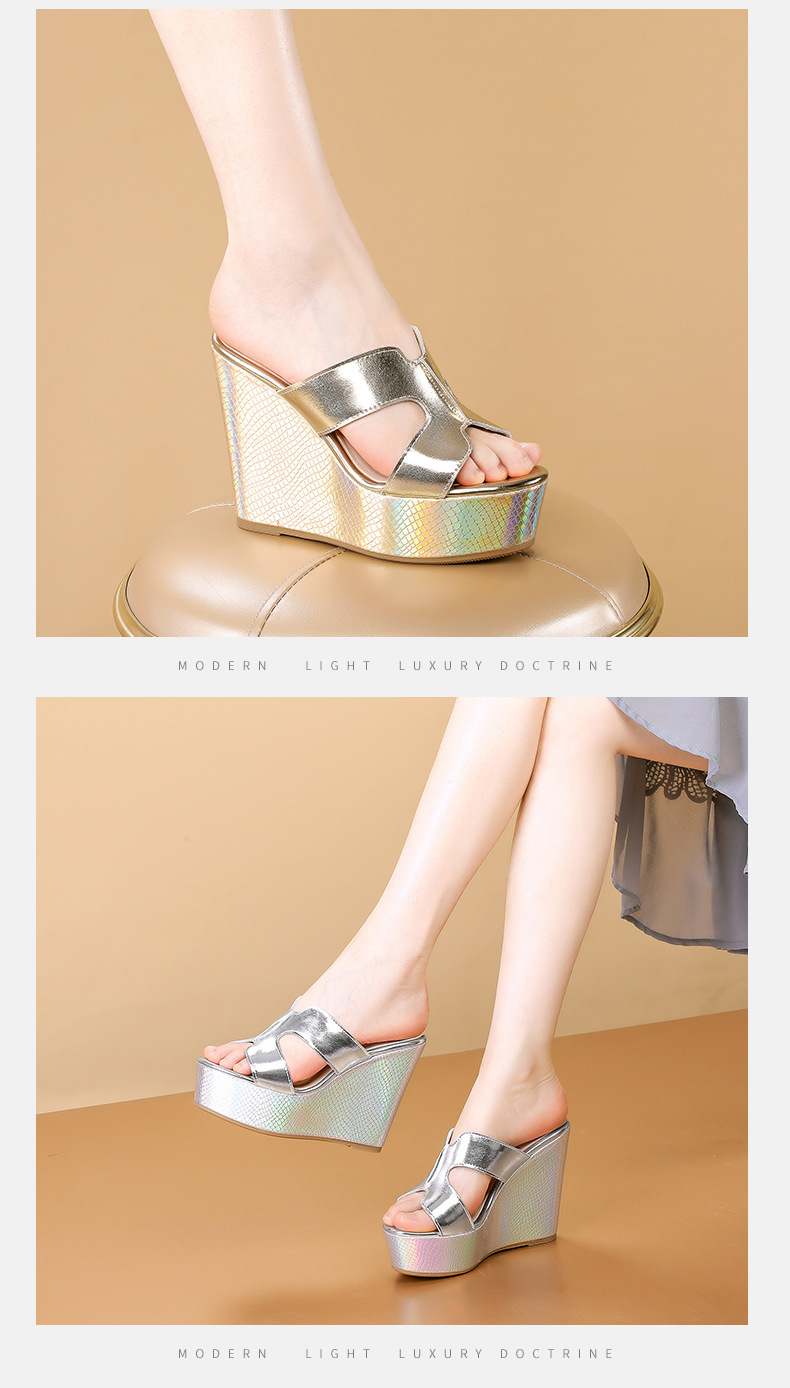Sandal cao gót nữ hở mũi đế xuồng platform gót 12 cm — màu vàng, bạc chi tiết 5
