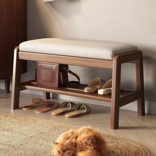 Solid wood shoe changing stool home entrance door long shoe stool entrance shoe rack fitting room integrated soft bag stool shoes wearing stool