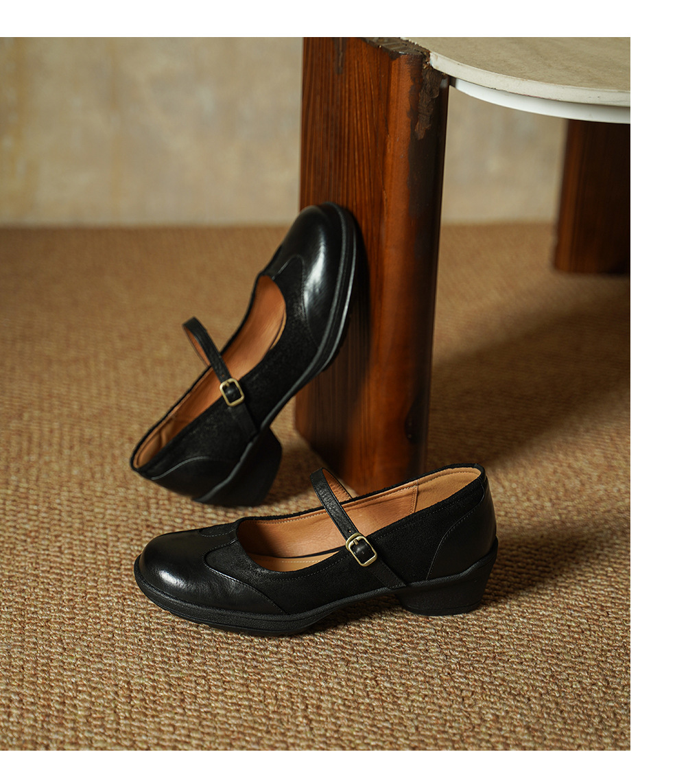 Giày Mary Jane nữ da bò mũi tròn đế mềm gót trung vintage phong cách JK Anh — đen chi tiết 14