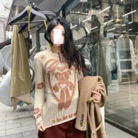 复古小熊提花针织松弛感套头衫镂空半透罩衫2026春季新款女上衣