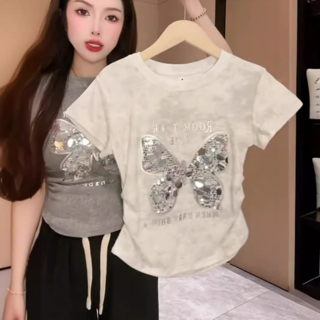 Camiseta de hombro de manga corta de mariposa con lentejuelas para mujer 2024 verano nuevo estilo moda casual pliegues cintura delgada para mujer image 4