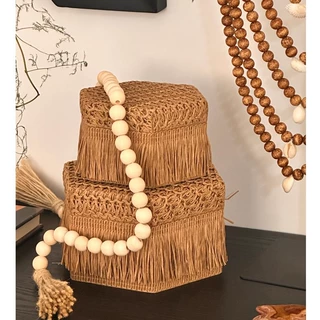 现代中古艺术手工草韵流苏首饰盒创意摆件桌面玄关家居陈列收纳盒