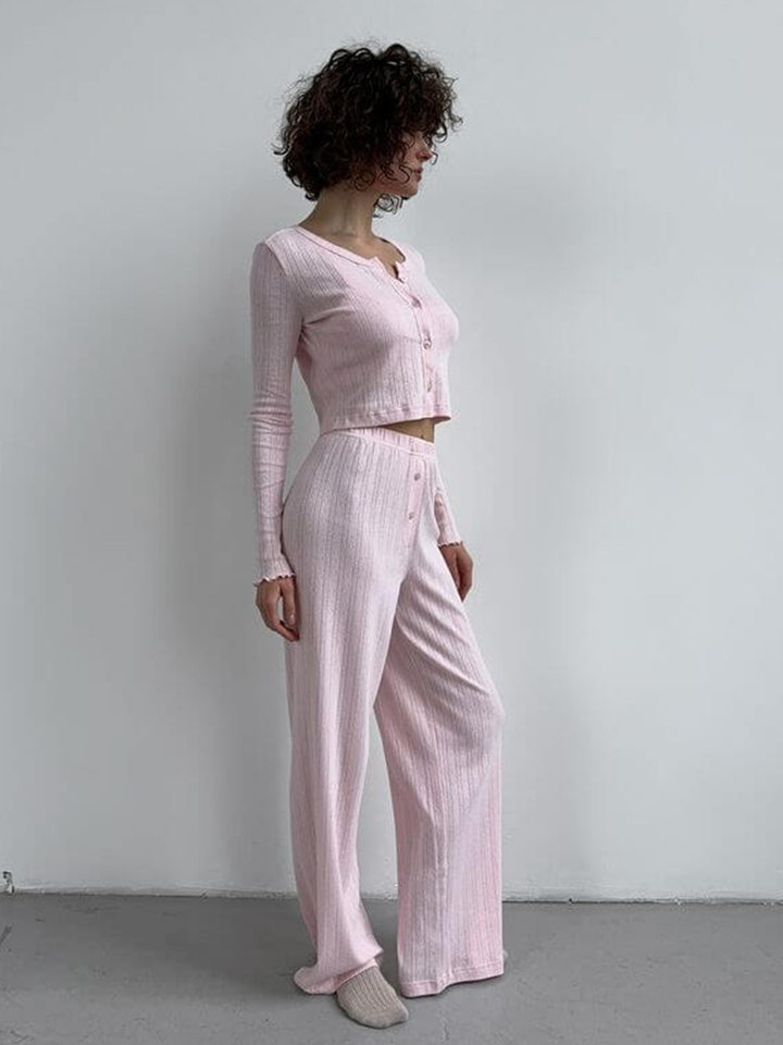 Bộ đồ ngủ nữ 3 món áo cardigan dài tay quần dài họa tiết jacquard — Màu be, Màu hồng chi tiết 69