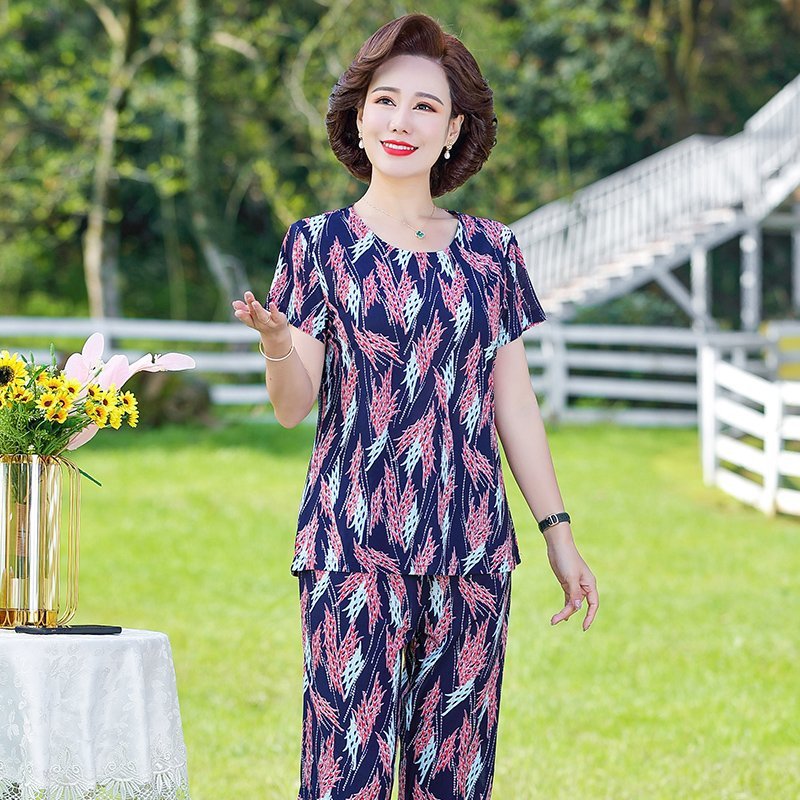 妈妈夏装两件套70岁老年人奶奶短袖衬衫中老年T恤老人休闲套装女
