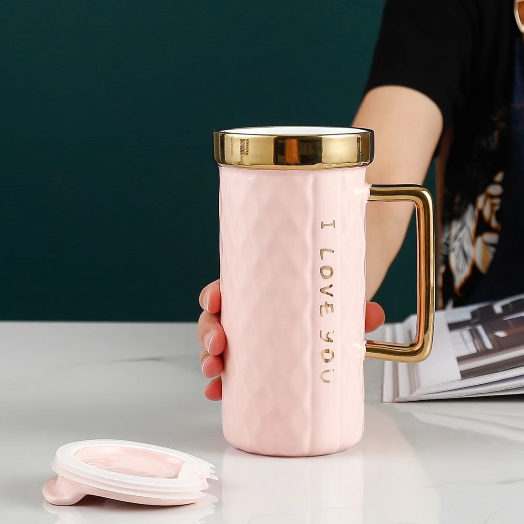 Gran capacidad de estilo nórdico Taza de cerámica a prueba de fugas taza de café de oficina taza de bebida personalizada chapado en oro