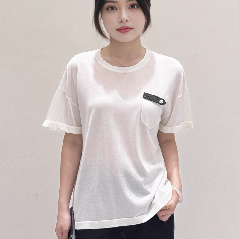 Bc Women's Heavy Industry Simple Beaded Chain Round Neck T-Shirt Knitwear Summer New Thin Silk Tencel